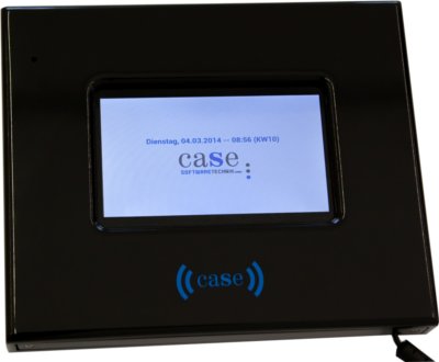Das neue Zeiterfassungsterminal zur Arbeitszeiterfassung von CASE Softwaretechnik GmbH bietet Mitarbeitern einfaches Erfassen von Arbeitszeiten mit RFID-Schlüsselanhänger oder RFID-Karte. KOMMT, GEHT, PAUSE, DIENSTREISE, etc. kann direkt am Terminal gestempelt werden.